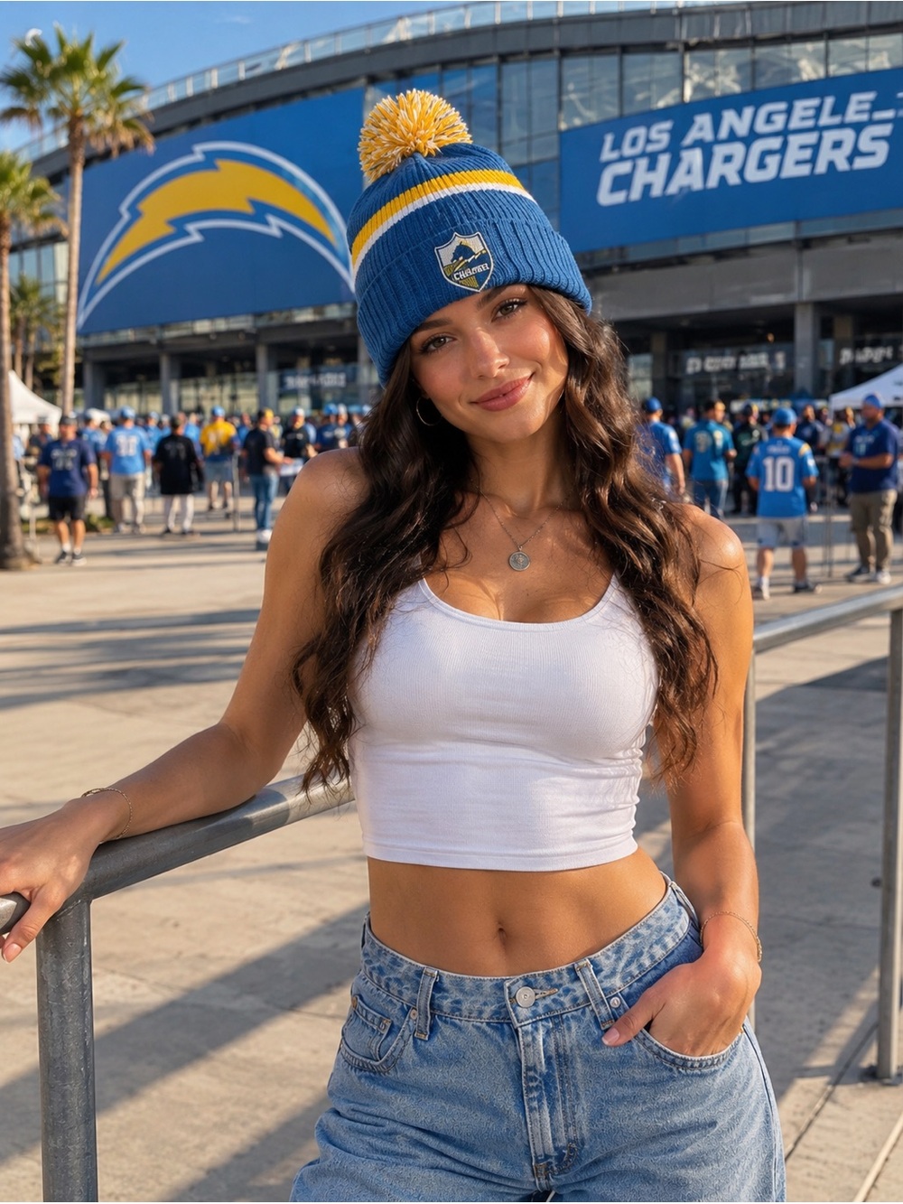 Los Angeles Chargers 50th Anniversary Throwback Shield Pom Beanie NFL Blue Gold